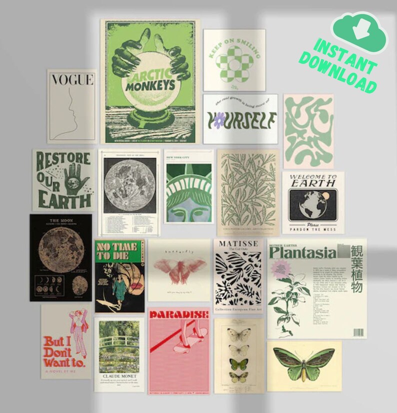 20 PCS | Aesthetic Vintage Wall Collage Kit | Teen Girl Retro Photo Collage | Aesthetic Green Wall Art | Digital Download