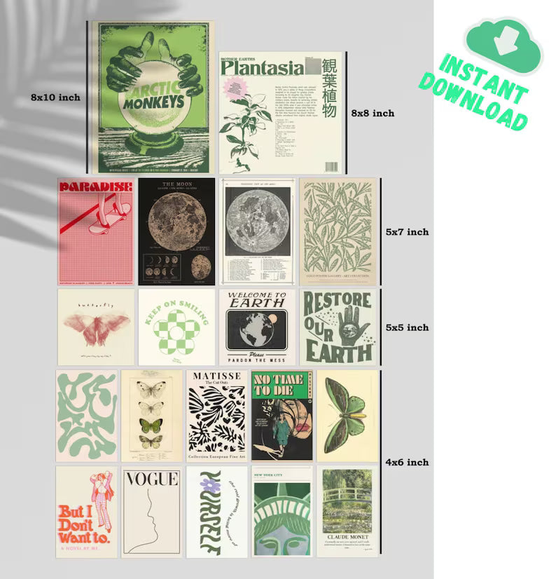 20 PCS | Aesthetic Vintage Wall Collage Kit | Teen Girl Retro Photo Collage | Aesthetic Green Wall Art | Digital Download
