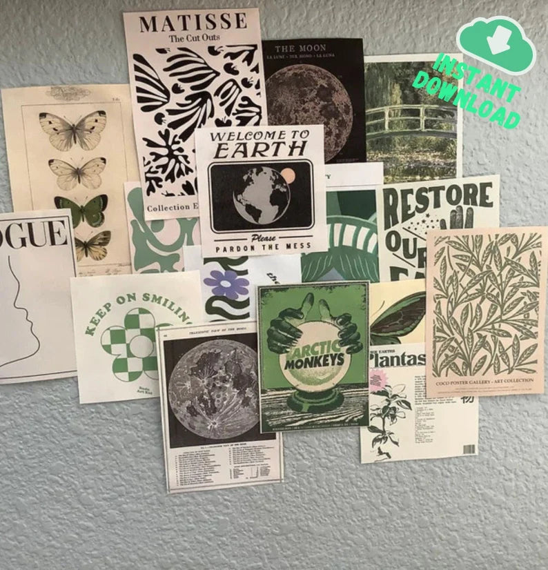 20 PCS | Aesthetic Vintage Wall Collage Kit | Teen Girl Retro Photo Collage | Aesthetic Green Wall Art | Digital Download